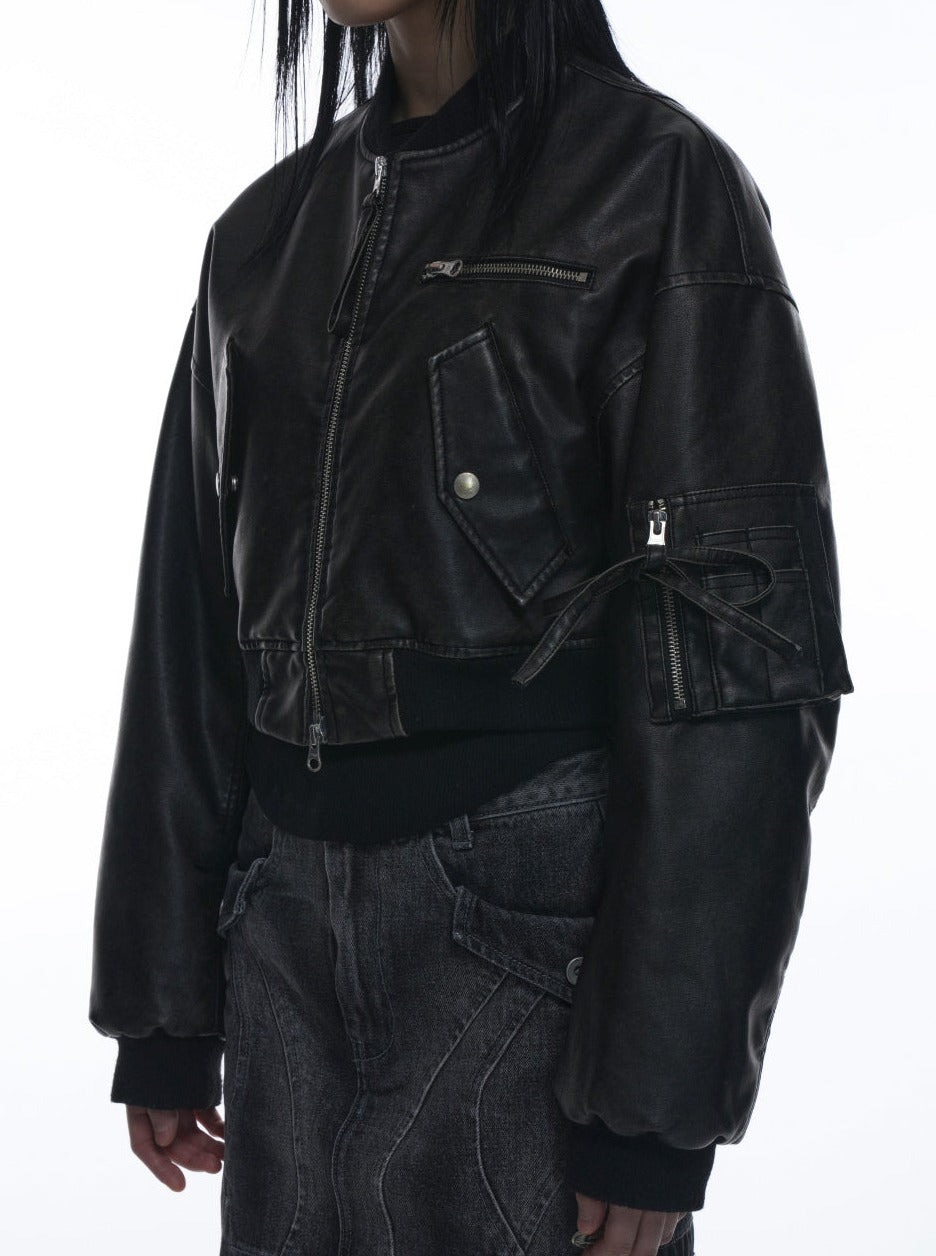 CROP LEATHER BOMBER JACKET