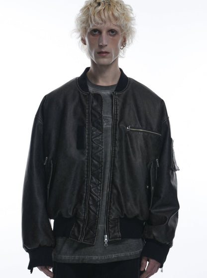 MULTI ZIPPER BOMBER LEATHER JACKET