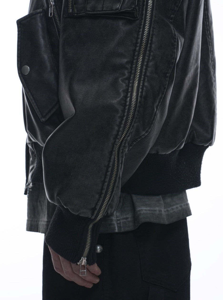 MULTI ZIPPER BOMBER LEATHER JACKET