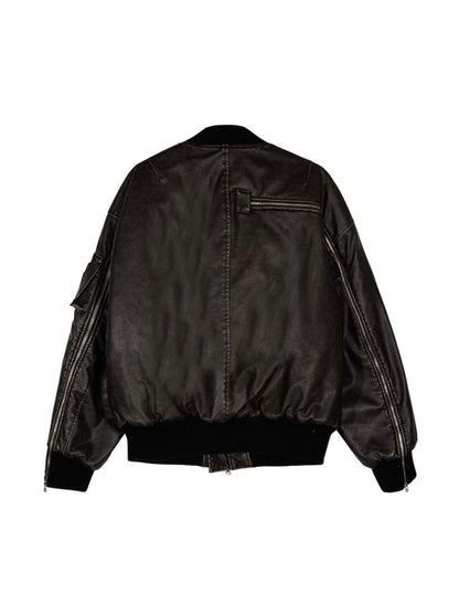 MULTI ZIPPER BOMBER LEATHER JACKET